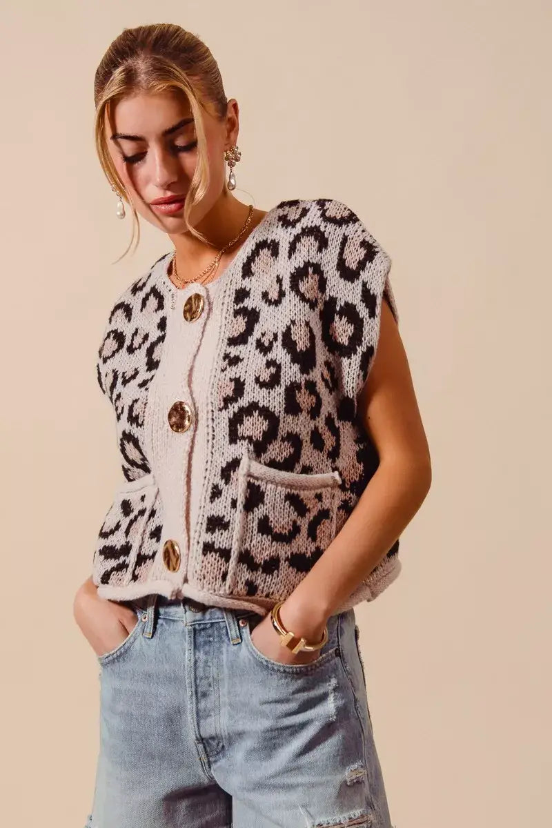 SO ME Big Metal Button Front Leopard Sweater Vest Top - Trendsi - Flyclothing LLC