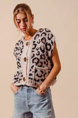 SO ME Big Metal Button Front Leopard Sweater Vest Top - Trendsi - Flyclothing LLC