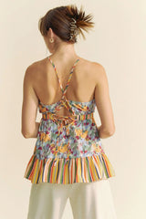 Davi & Dani Floral Smocked Sleeveless Ruffle Back Tie Top - Trendsi - Flyclothing LLC