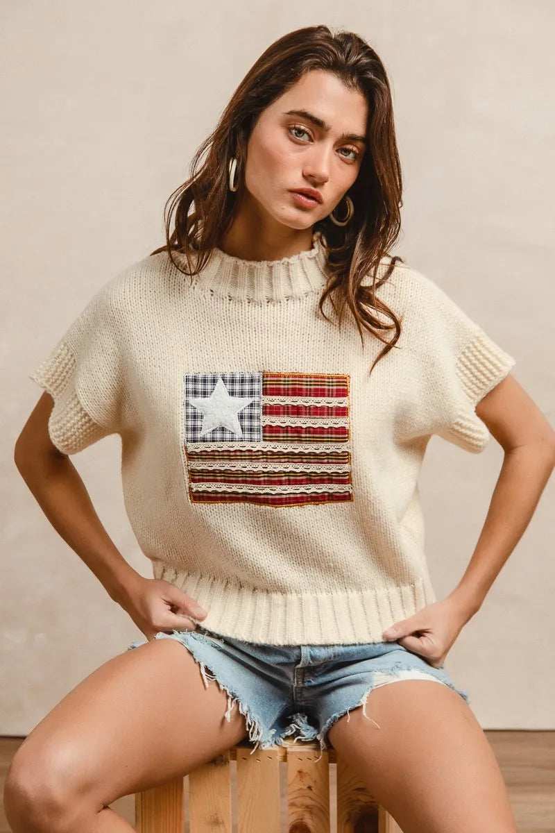 BiBi American Flag Patchwork Drop Shoulder Sweater - Trendsi - Flyclothing LLC