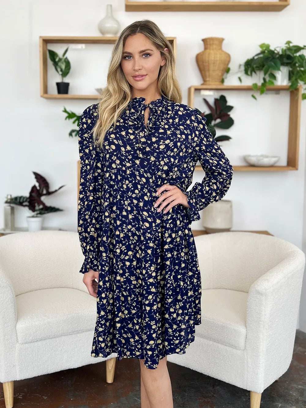 Double Take Full Size Printed Ruffle Hem Long Sleeve Tiered Dress - Trendsi - Flyclothing LLC