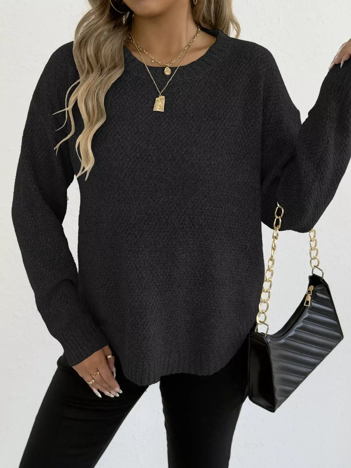Textured Knit Relaxed Fit Round Neck Sweater - Trendsi - Flyclothing LLC