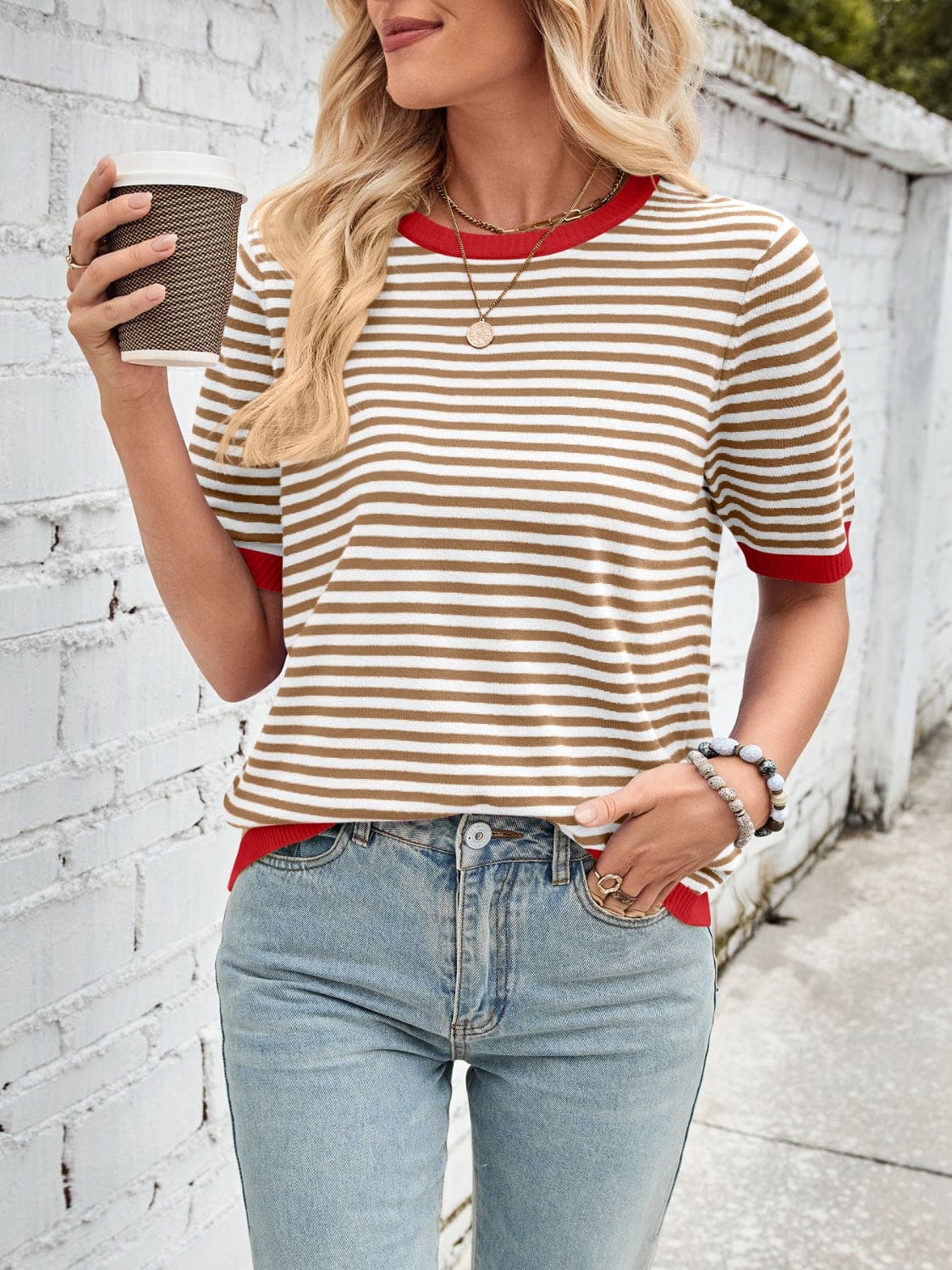 Lovelet Striped Contrast Round Neck Half Sleeve Knit Top - Trendsi