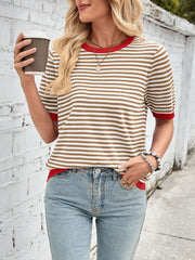 Lovelet Striped Contrast Round Neck Half Sleeve Knit Top - Trendsi