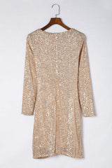 Sequin Knot Round Neck Long Sleeve Mini Dress - Trendsi - Flyclothing LLC