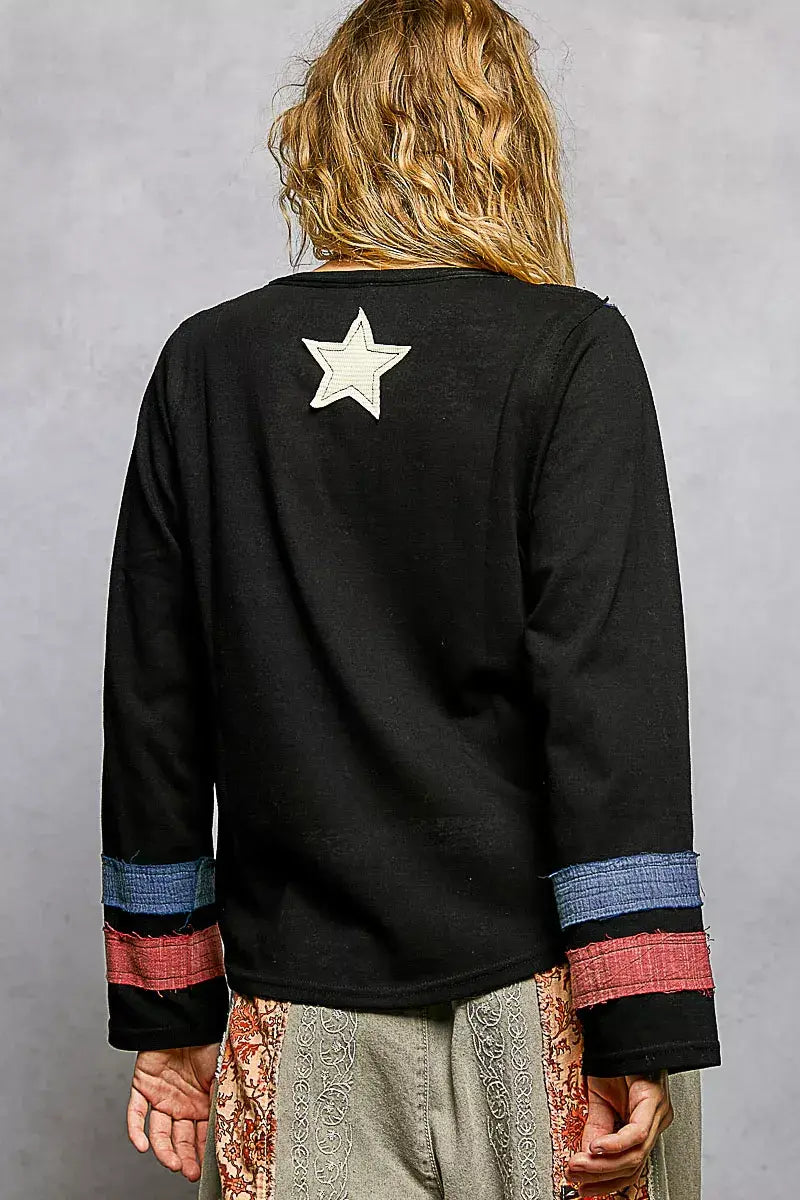 POL Double Gauze American Flag Patch V-Neck Long Sleeve T-Shirt - Trendsi - Flyclothing LLC