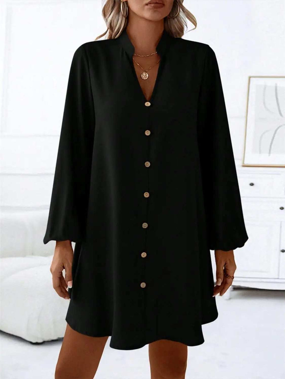 Notched Long Sleeve Mini Dress - Trendsi - Flyclothing LLC