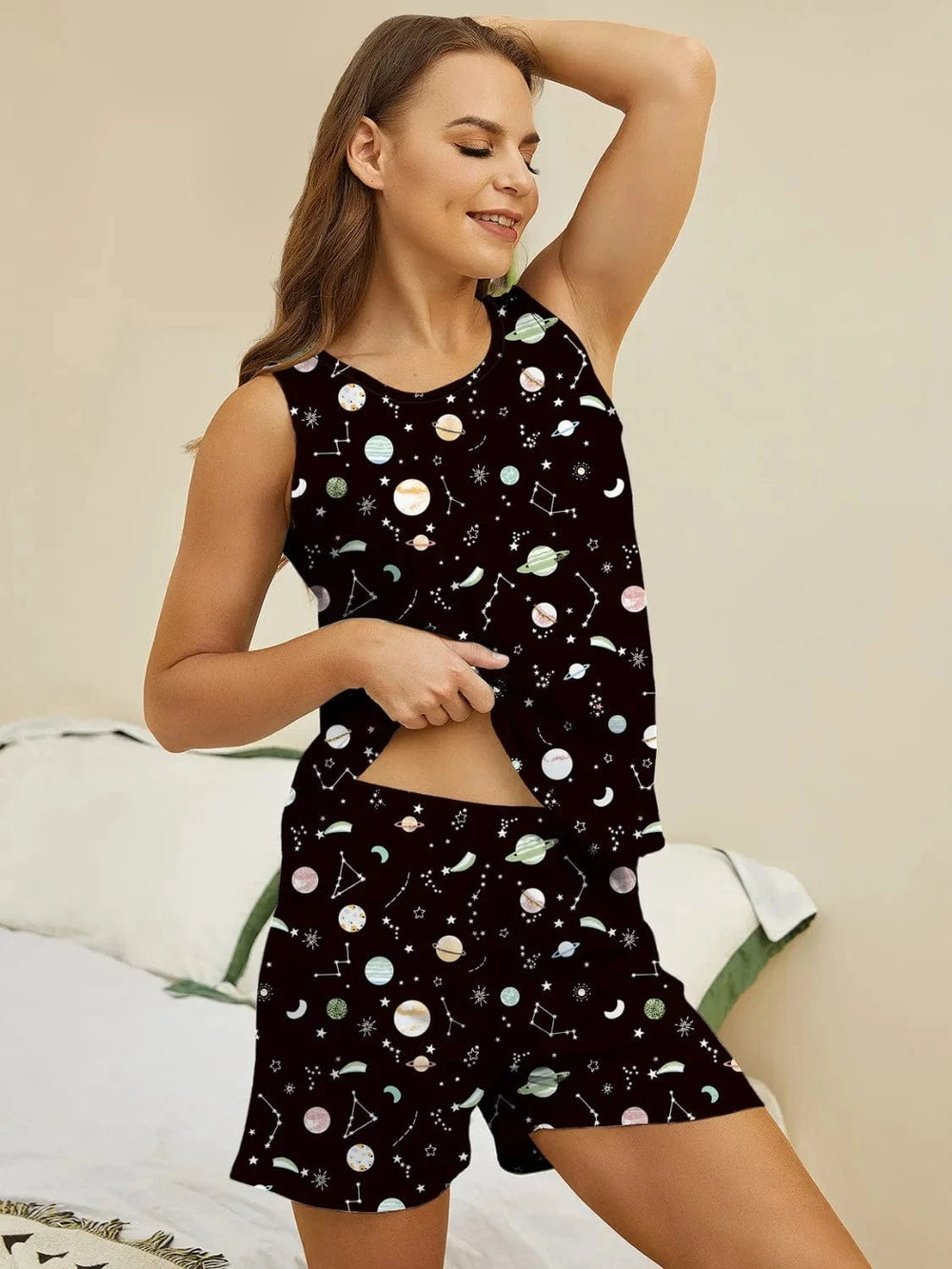 Printed Round Neck Top and Shorts Lounge Set - Trendsi