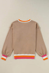 Contrast Round Neck Long Sleeve Sweater - Trendsi - Flyclothing LLC