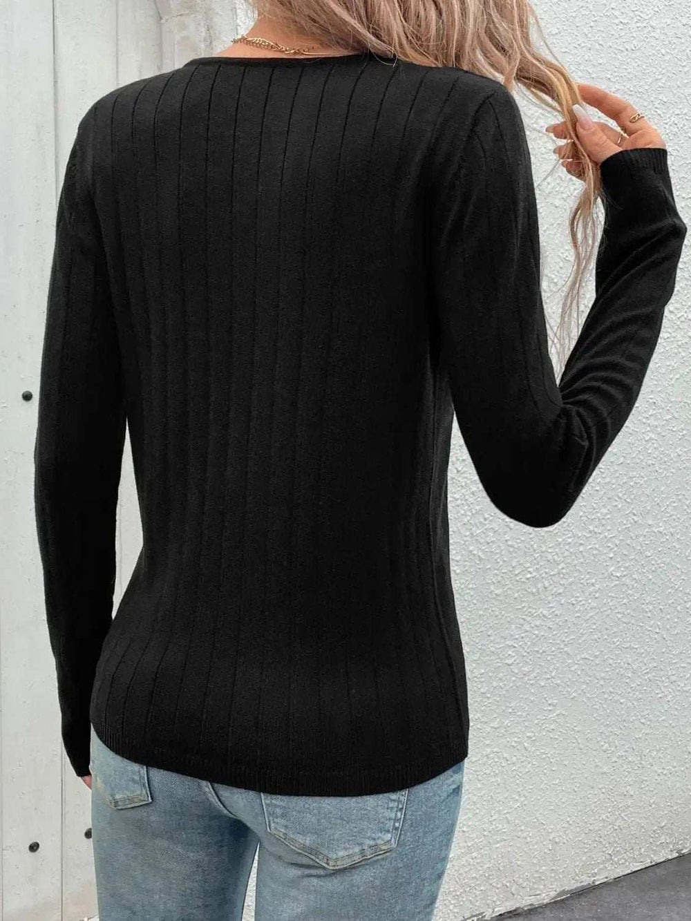 V-Neck Long Sleeve Knit Top - Trendsi - Flyclothing LLC