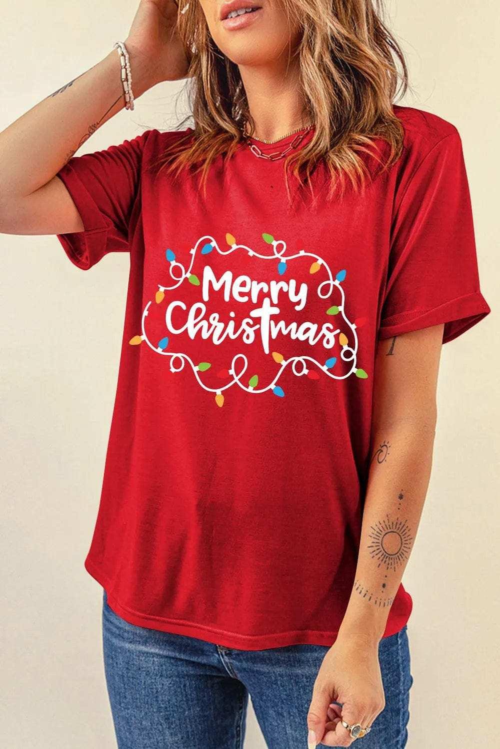MERRY CHRISTMAS Round Neck Short Sleeve T-Shirt - Trendsi - Flyclothing LLC