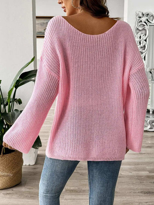 Bow Boat Neck Long Sleeve Sweater - Trendsi - Flyclothing LLC