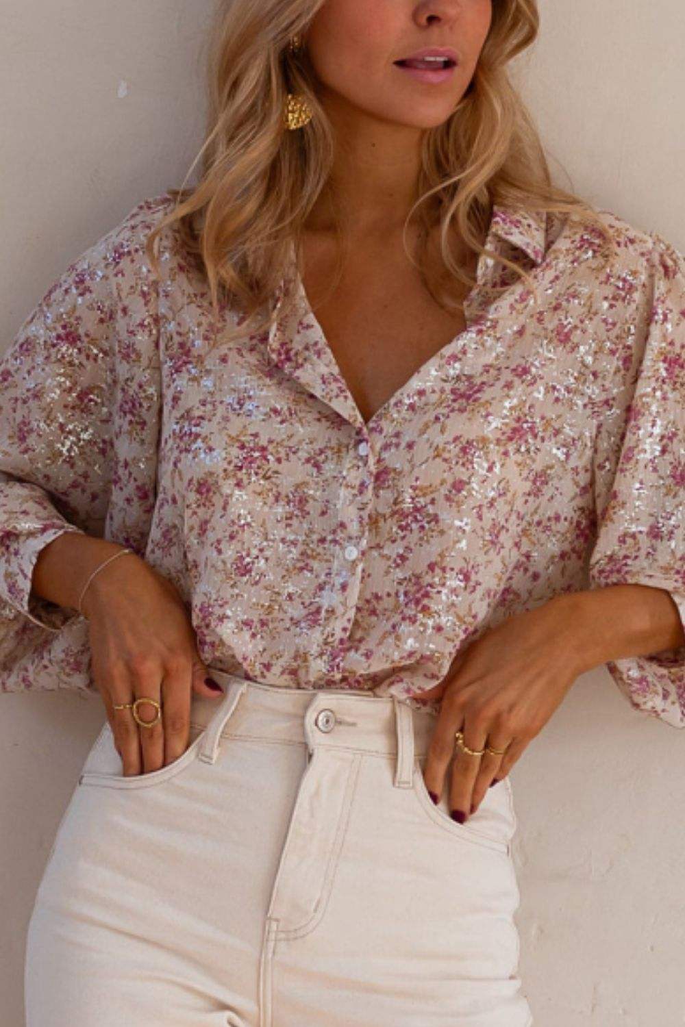 Printed Collared Neck Long Sleeve Shirt - Trendsi - Flyclothing LLC