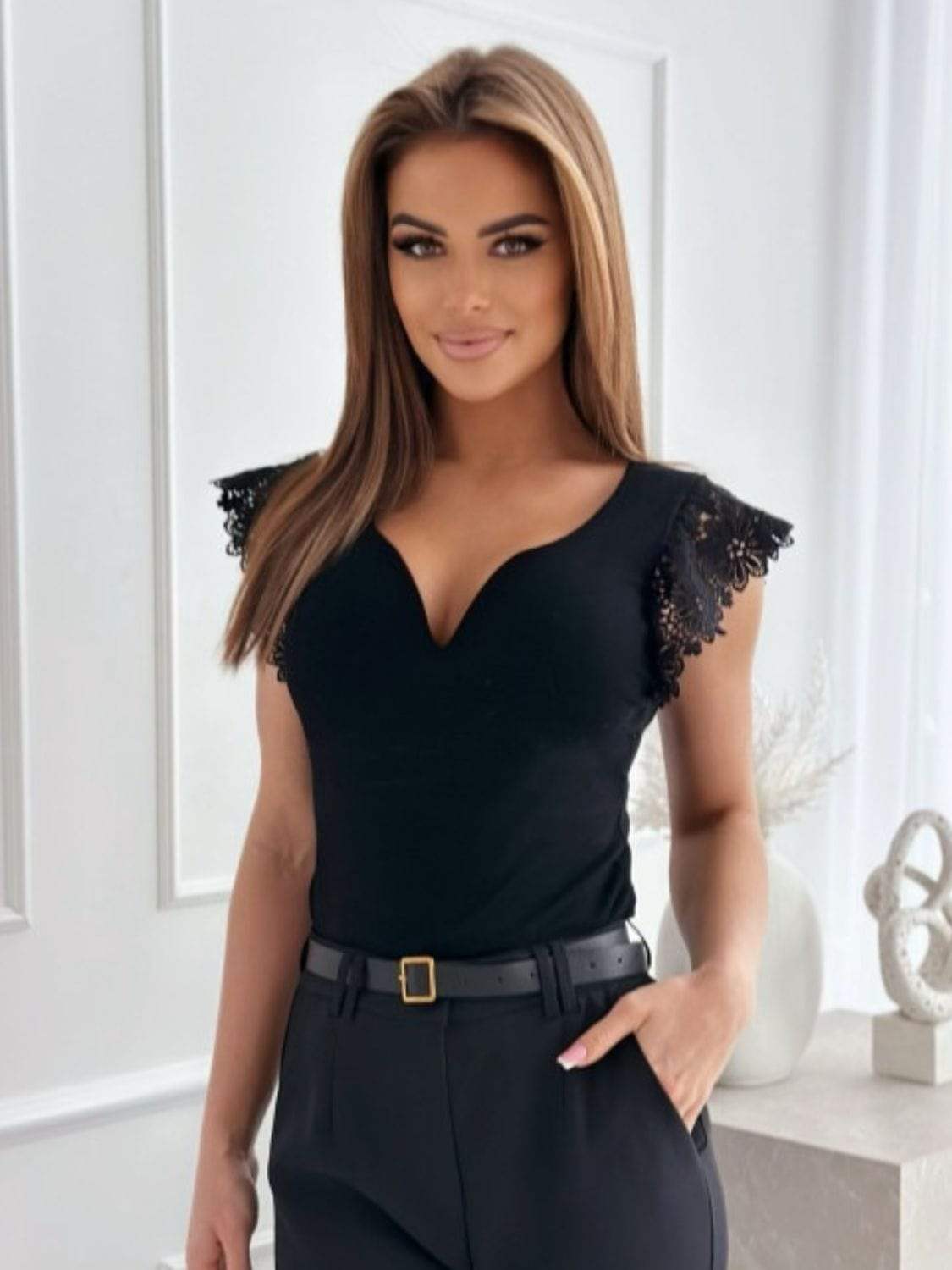 Lace Detail Sweetheart Neck Cap Sleeve T-Shirt - Trendsi - Flyclothing LLC