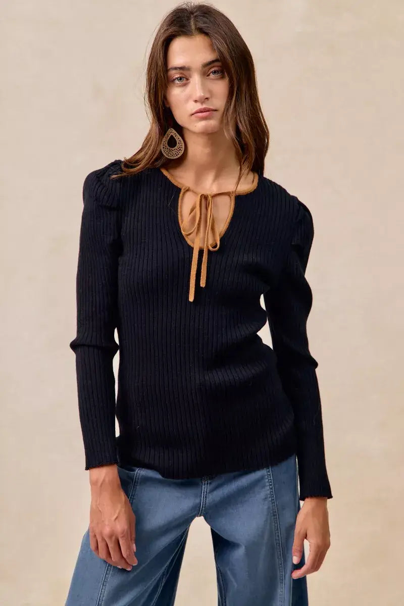 BiBi Ribbed Contrast Front Tied Top with Shrried - Trendsi - Flyclothing LLC