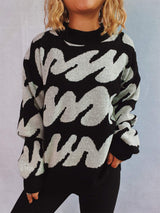 Contrast Round Neck Long Sleeve Sweater - Trendsi - Flyclothing LLC