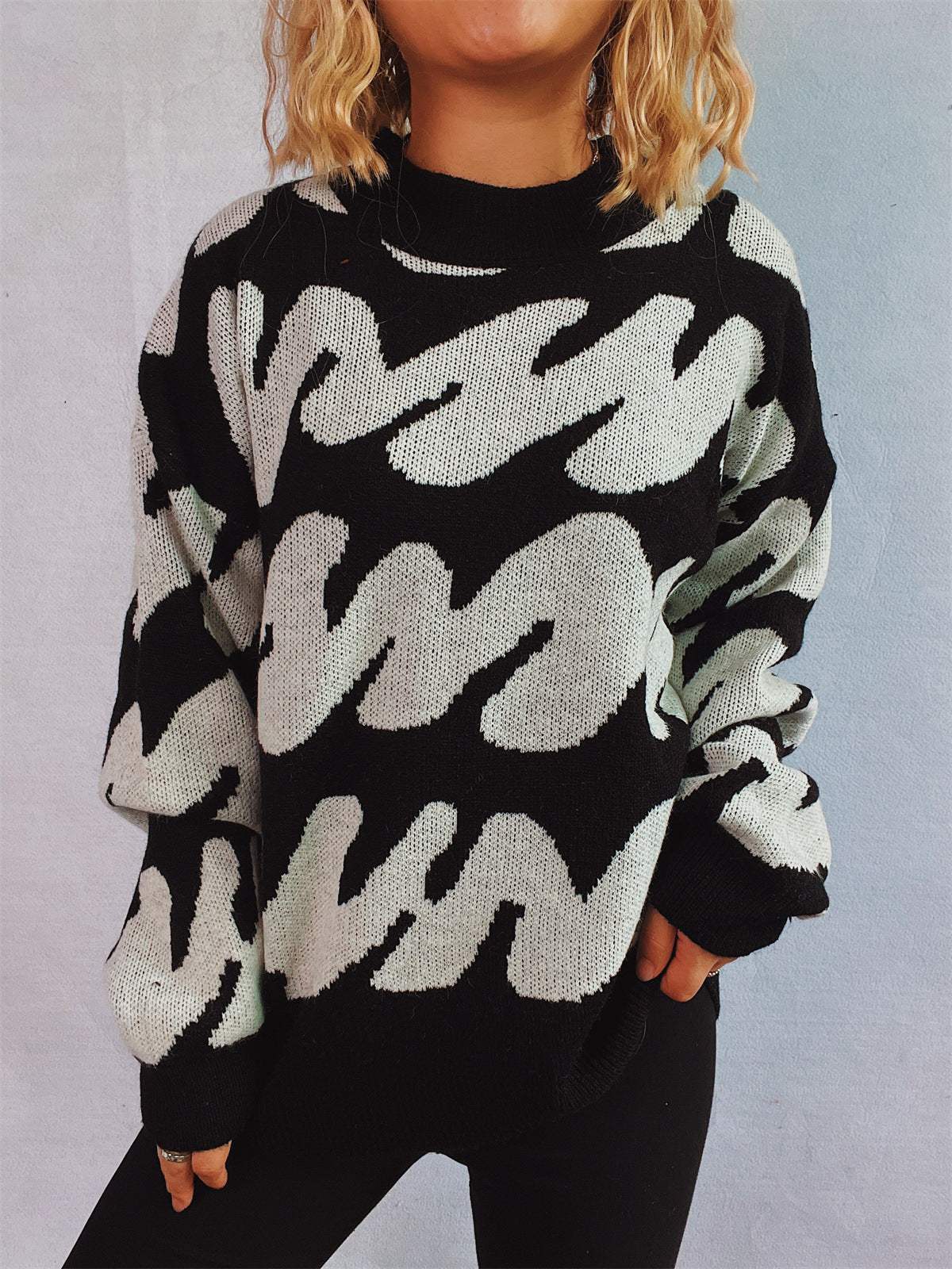 Contrast Round Neck Long Sleeve Sweater - Trendsi - Flyclothing LLC