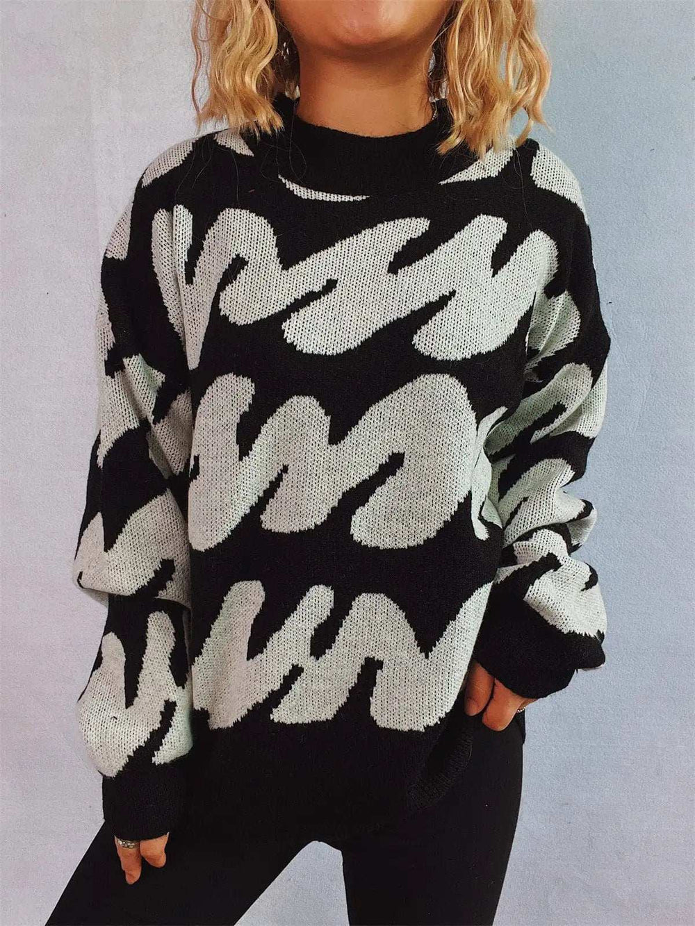 Contrast Round Neck Long Sleeve Sweater - Trendsi - Flyclothing LLC