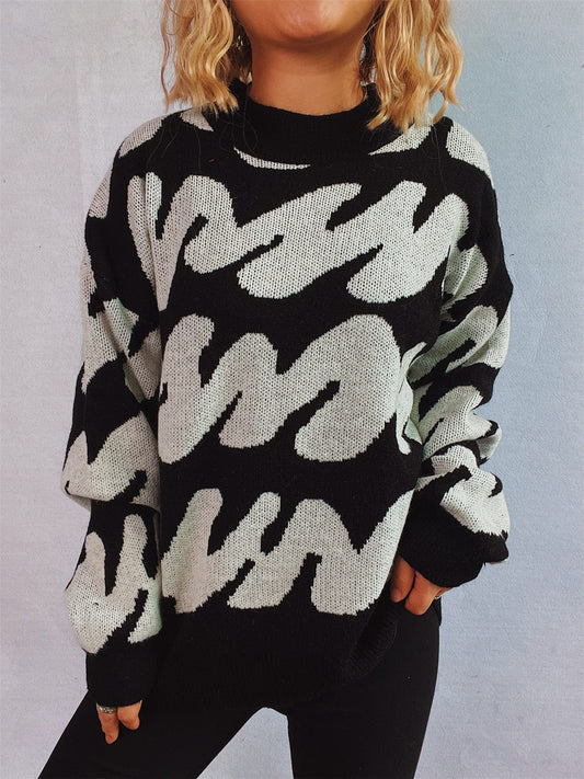 Contrast Round Neck Long Sleeve Sweater - Trendsi