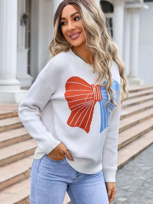Angel Wings Bow Round Neck Dropped Shoulder Sweater - Trendsi - Flyclothing LLC