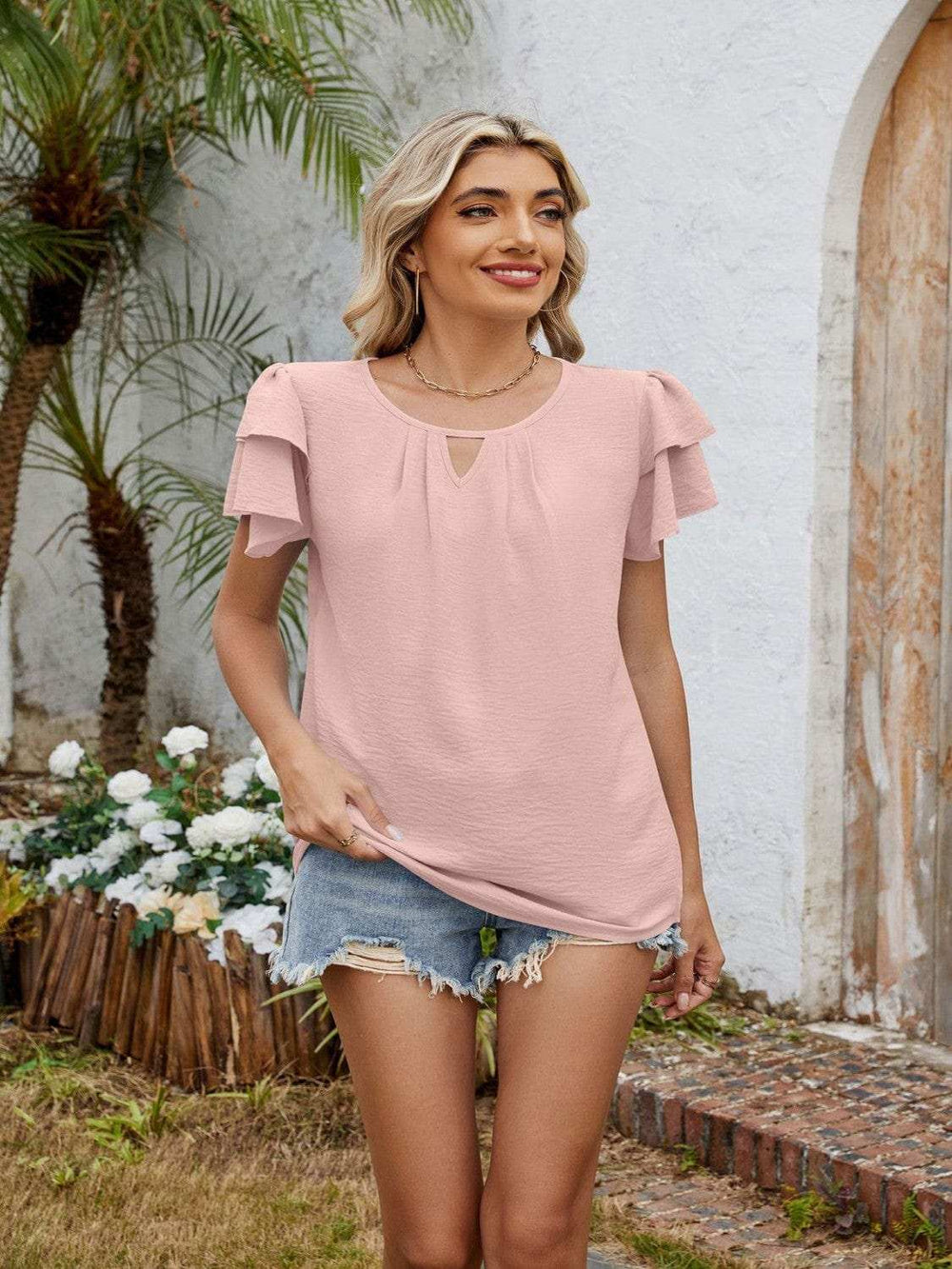 Cutout Round Neck Short Sleeve Blouse - Trendsi - Flyclothing LLC