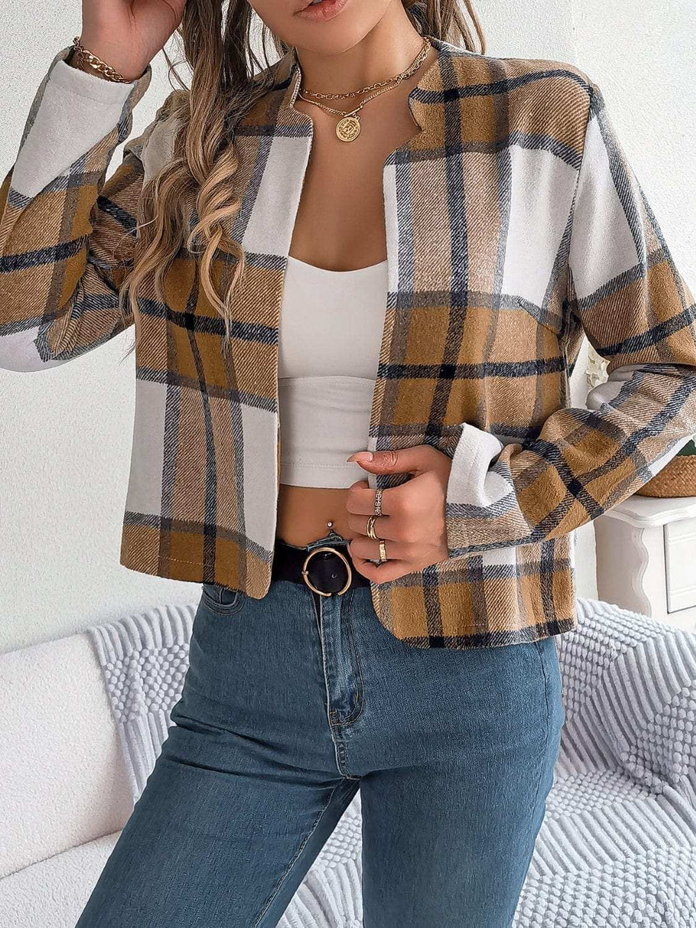 Plaid Open Front Long Sleeve Jacket - Trendsi - Flyclothing LLC