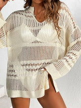 Openwork Notched Long Sleeve Knit Cover Up - Trendsi - Flyclothing LLC