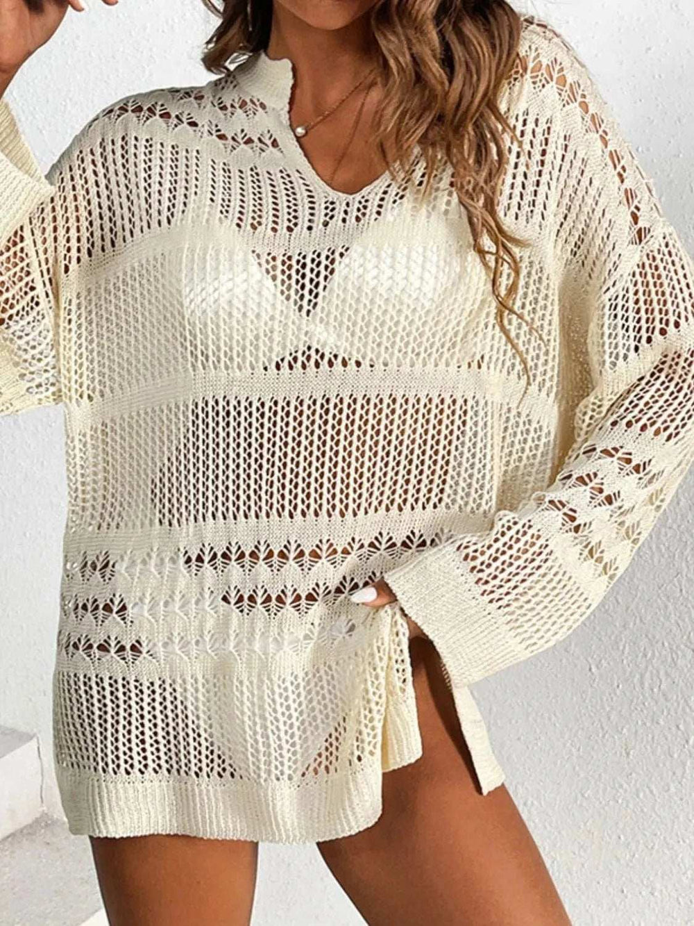 Openwork Notched Long Sleeve Knit Cover Up - Trendsi - Flyclothing LLC