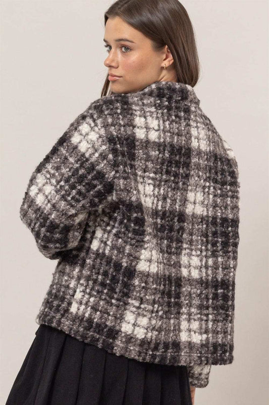 HYFVE Plaid Collared Neck Boucle Jacket with Pockets - Trendsi - Flyclothing LLC
