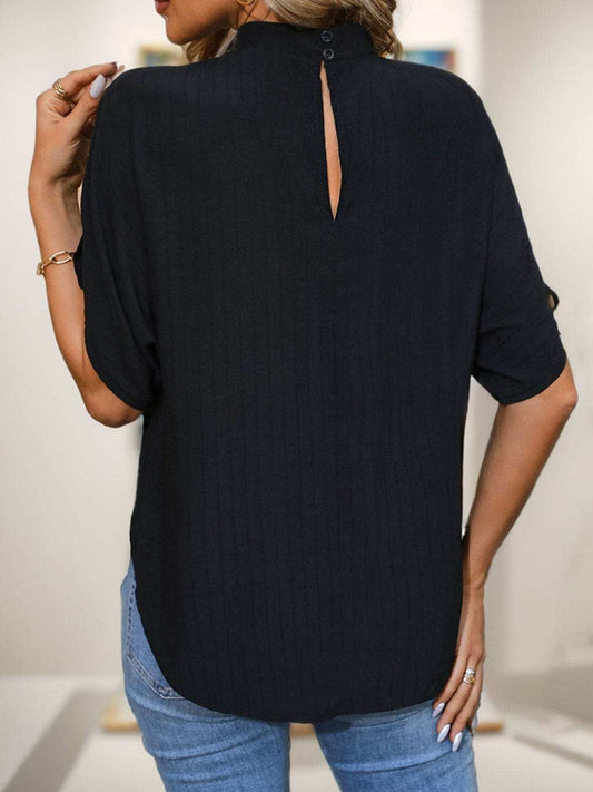 Ruched Mock Neck Half Sleeve Blouse - Trendsi - Flyclothing LLC