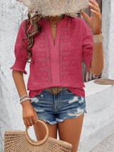 Eyelet Notched Flounce Sleeve Blouse - Trendsi - Flyclothing LLC