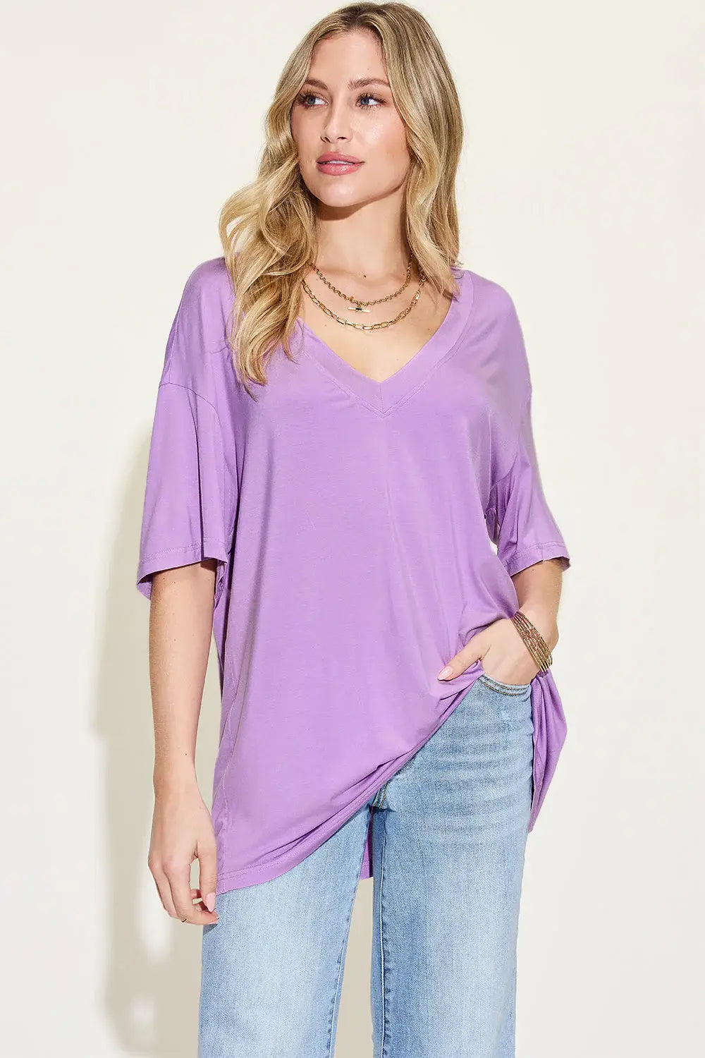 Basic Bae Full Size Bamboo V-Neck Drop Shoulder T-Shirt - ShopBasicbae - Flyclothing LLC
