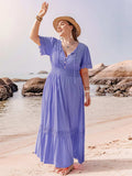 Plus Size Lace Detail Tie Neck Short Sleeve Maxi Dress - Trendsi - Flyclothing LLC