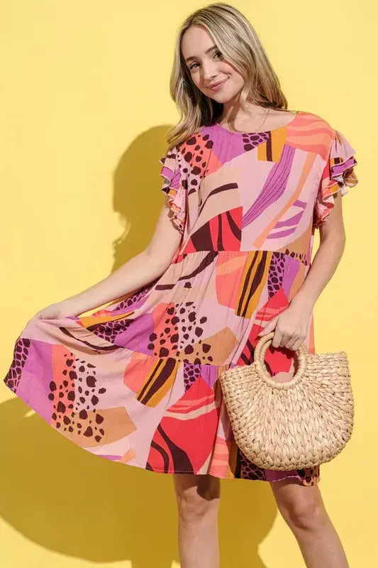 And The Why Printed Double Ruffles Sleeve Dress - Trendsi - Flyclothing LLC