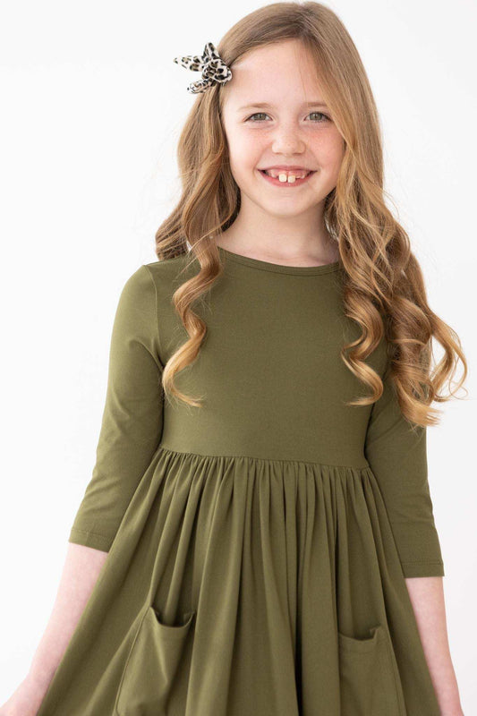 Olive 3/4 Sleeve Pocket Twirl Dress - Mila & Rose ® - Flyclothing LLC