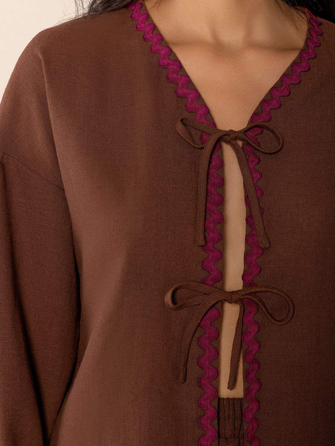 Tied V-Neck Long Sleeve Top and Shorts Set - Trendsi - Flyclothing LLC