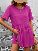 Round Neck Short Sleeve Blouse - Trendsi - Flyclothing LLC