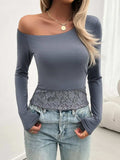 Single Shoulder Long Sleeve Lace T-Shirt - Trendsi - Flyclothing LLC