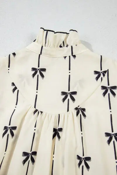 Frill Bow Print Notched Short Sleeve Mini Dress - Trendsi - Flyclothing LLC