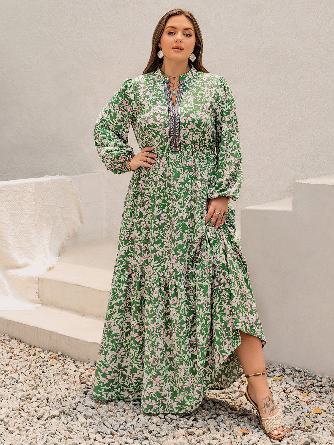Plus Size Printed Notched Long Sleeve Maxi Dress - Trendsi