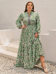 Plus Size Printed Notched Long Sleeve Maxi Dress - Trendsi