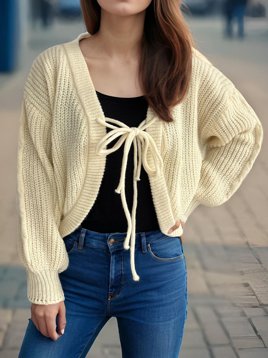 Tied Dropped Shoulder Long Sleeve Cardigan - Trendsi