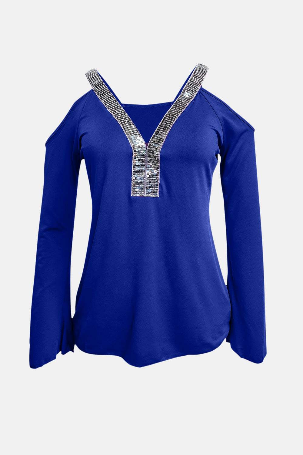 Sequin V-Neck Cold Shoulder Top - Trendsi - Flyclothing LLC