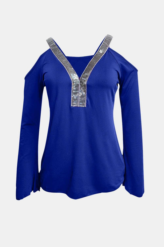 Sequin V-Neck Cold Shoulder Top - Trendsi - Flyclothing LLC