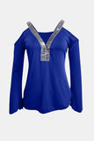 Sequin V-Neck Cold Shoulder Top - Trendsi