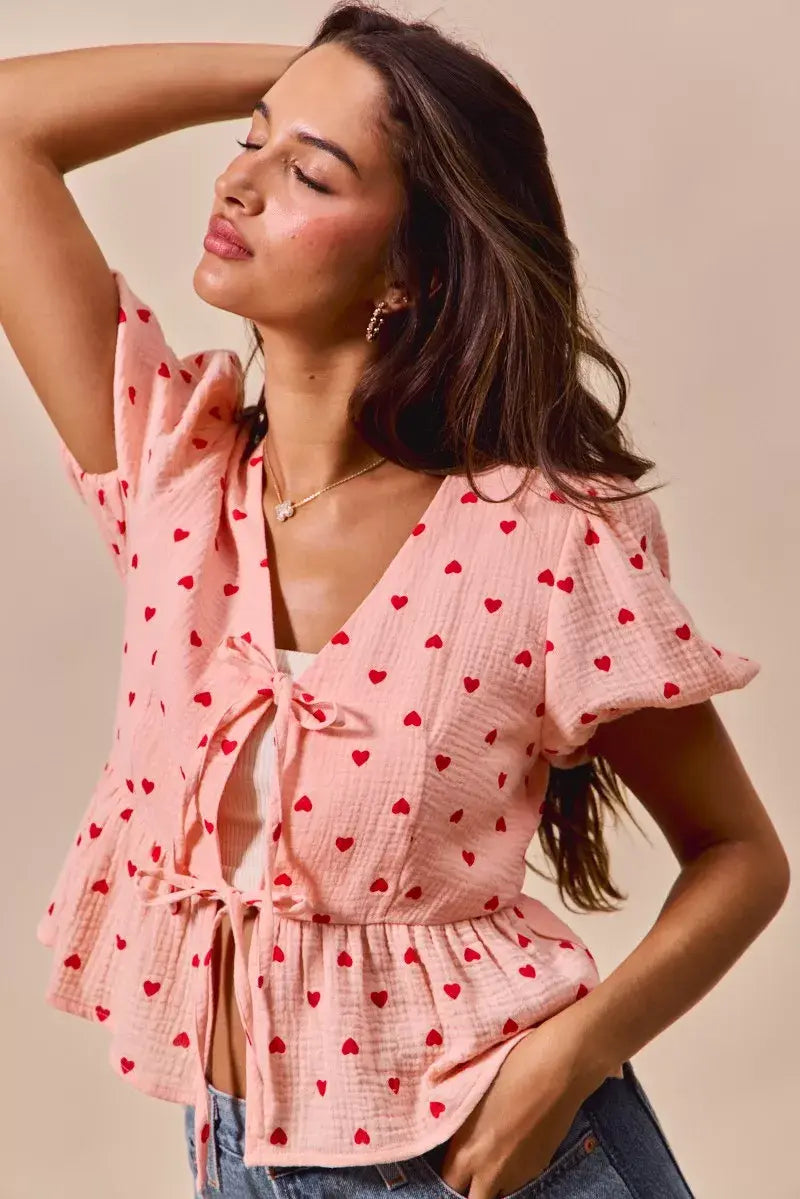 SO ME All Over Heart Ribbon Tie Baby Doll Valentine Blouse - Trendsi - Flyclothing LLC