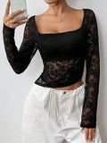 Square Neck Long Sleeve Lace Top - Trendsi