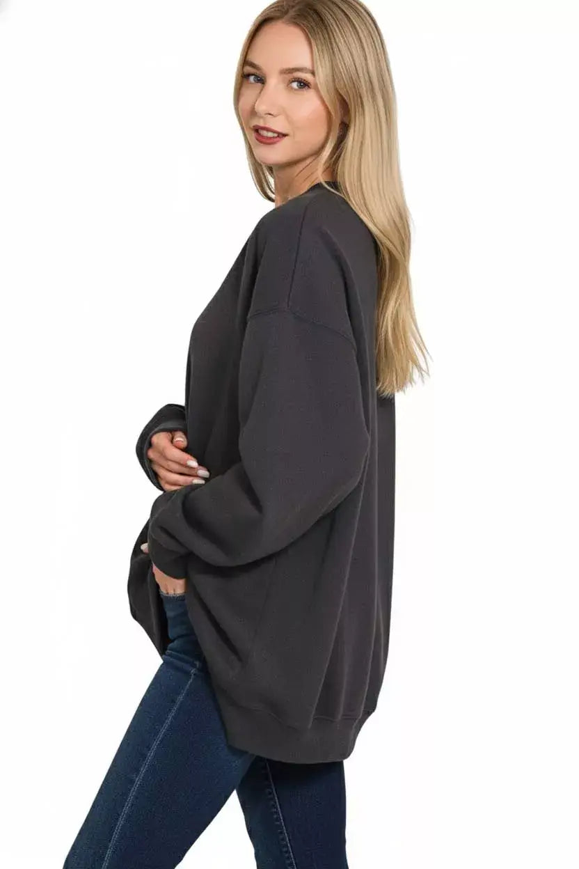 Zenana Oversized Round Neck Fleece Tunic Sweatshirt - Trendsi - Flyclothing LLC