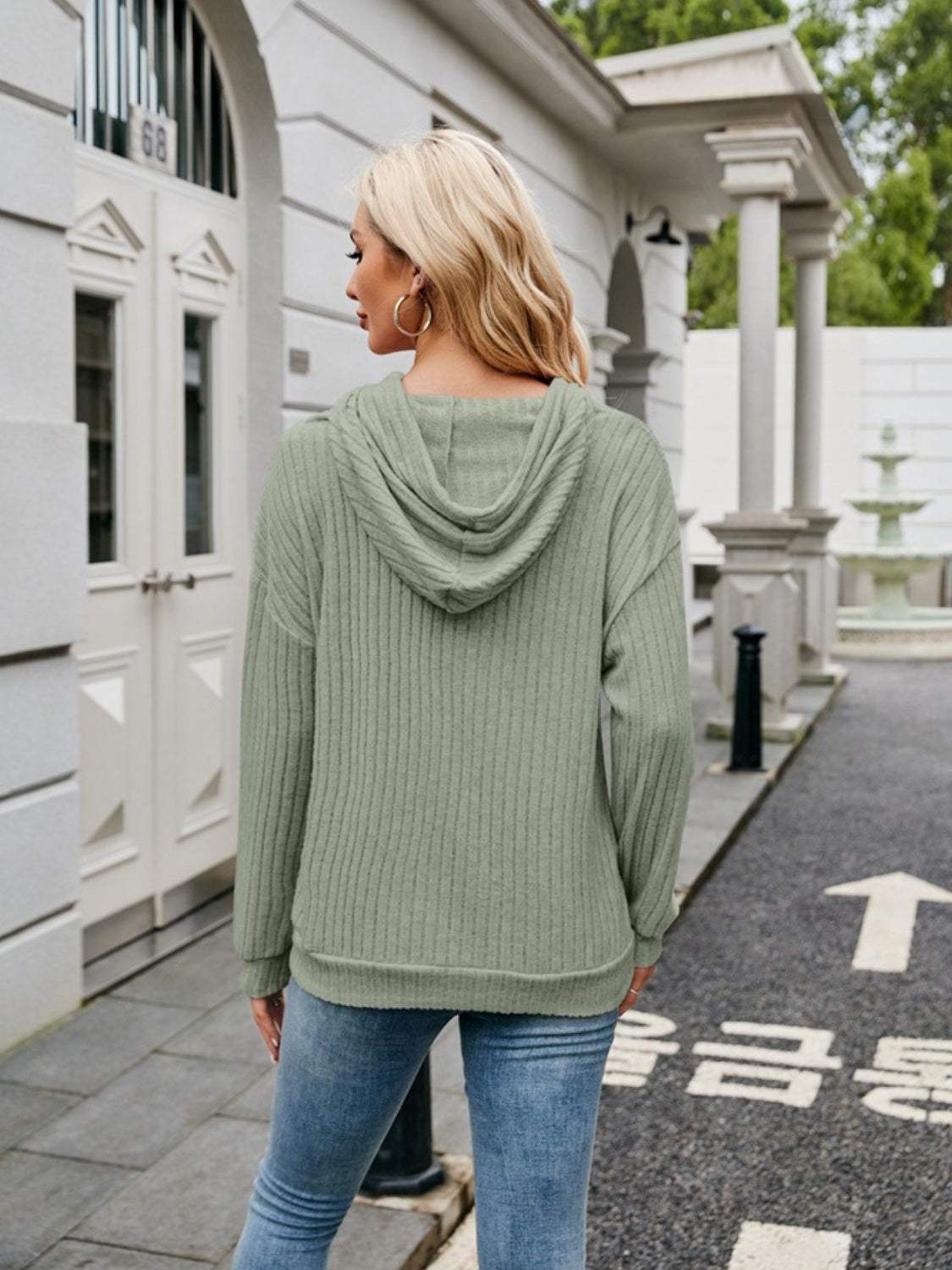 Ribbed Drawstring Long Sleeve Hoodie - Trendsi - Flyclothing LLC
