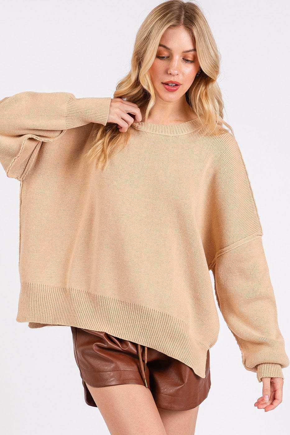 Mittoshop Side Slit Round Neck Drop Shoulder Sweater - Trendsi - Flyclothing LLC